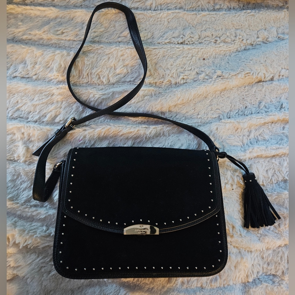 Kate Spade Black Suede Crossbody Bag Silver Studs & Tassel